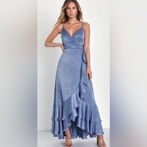Lulu’s In Love Forever Slate Blue Satin Lace-Up High-Low Maxi Dress - Picture 2 of 2